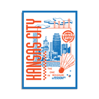 A white postcard with a blue border in a retro 90's style with a blue print image of the Kansas City skyline to the right. Sideways, vertical orange text to the left reads "KANSAS CITY" while orange & blue text in the bottom right says, "THE ONE IN MISSOURI." There's also a orange Western Auto sign, orange shuttlecock, blue clouds, and other accents.