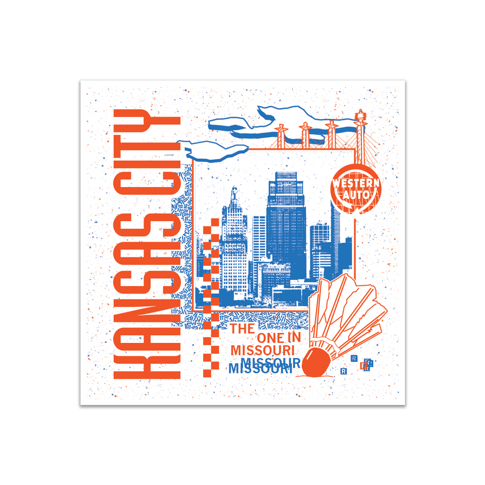 A white square sticker in a retro 90's style with a blue print image of the Kansas City skyline to the right. Sideways, vertical orange text to the left reads "KANSAS CITY" while orange & blue text in the bottom right says, "THE ONE IN MISSOURI." There's also a orange Western Auto sign, orange shuttlecock, blue clouds, and other accents.