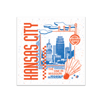 A white square sticker in a retro 90's style with a blue print image of the Kansas City skyline to the right. Sideways, vertical orange text to the left reads "KANSAS CITY" while orange & blue text in the bottom right says, "THE ONE IN MISSOURI." There's also a orange Western Auto sign, orange shuttlecock, blue clouds, and other accents.