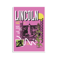 A pink postcard with a white border in a retro 90's style with a black print image of the Nebraska Capitol in Lincoln. White text  across the tops says, "Lincoln" with more text to the left that reads, "Husk Around And Find Out." There's also a yellow sun in a corner, white squiggles, green corn, and other colorful accents.
