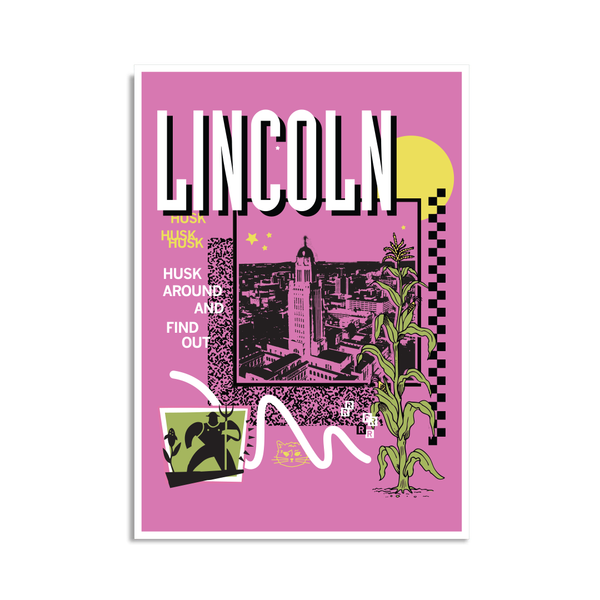 A pink postcard with a white border in a retro 90's style with a black print image of the Nebraska Capitol in Lincoln. White text  across the tops says, 