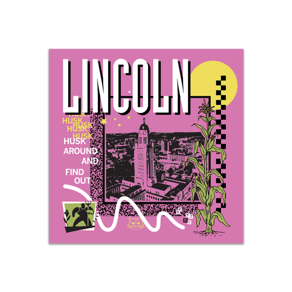 A pink square sticker in a retro 90's style with a black print image of the Nebraska Capitol in Lincoln. White text  across the tops says, 