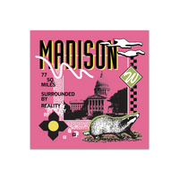 A pink square sticker in a retro 90's style with a black print image of the Wisconsin Capitol building in Madison. Black text  across the tops says, "Madison" with more text to the left that reads, "77 sq. miles surrounded by reality." There's also a black and white badger, green squiggle, white clouds, and other colorful accents.