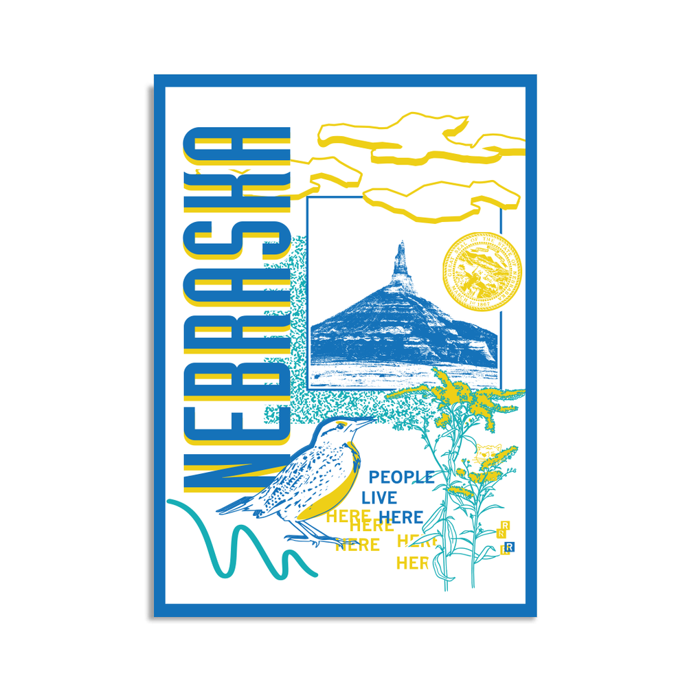 A white postcard with a blue border in a retro 90's style with a blue print image Chimney Rock in Nebraska. Sideways vertical text to the left says, "NEBRASKA" with smaller blue and yellow font to the bottom right that reads "People Live Here." There's also yellow flowers, a white bird, teal squiggles, and other colorful accent touches.