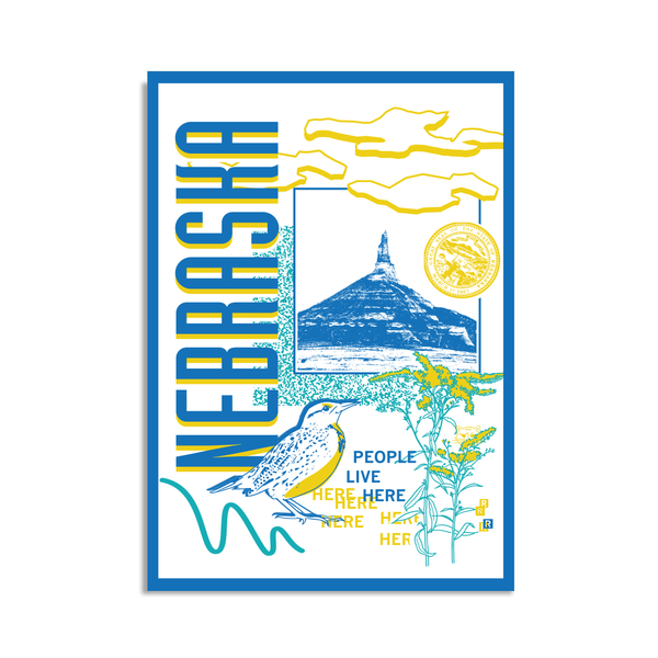A white postcard with a blue border in a retro 90's style with a blue print image Chimney Rock in Nebraska. Sideways vertical text to the left says, 
