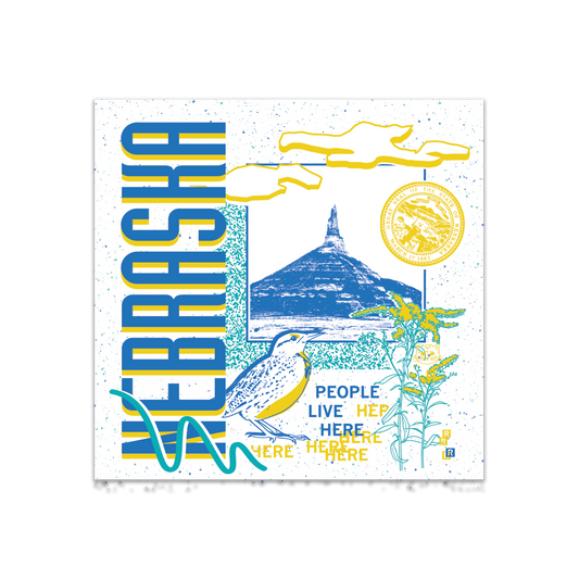 A white square sticker in a retro 90's style with a blue print image Chimney Rock in Nebraska. Sideways vertical text to the left says, "NEBRASKA" with smaller blue and yellow font to the bottom right that reads "People Live Here." There's also yellow flowers, a white bird, teal squiggles, and other colorful accent touches.