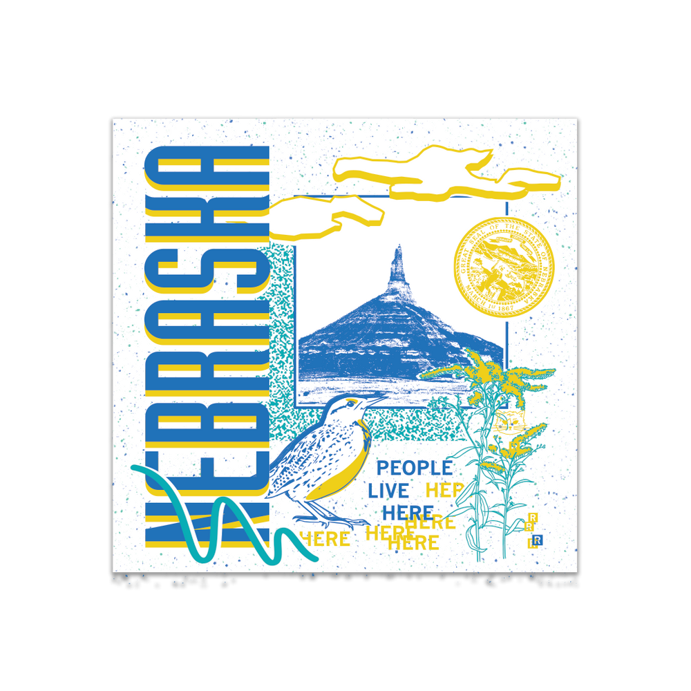 A white square sticker in a retro 90's style with a blue print image Chimney Rock in Nebraska. Sideways vertical text to the left says, "NEBRASKA" with smaller blue and yellow font to the bottom right that reads "People Live Here." There's also yellow flowers, a white bird, teal squiggles, and other colorful accent touches.