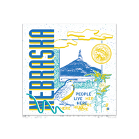 A white square sticker in a retro 90's style with a blue print image Chimney Rock in Nebraska. Sideways vertical text to the left says, "NEBRASKA" with smaller blue and yellow font to the bottom right that reads "People Live Here." There's also yellow flowers, a white bird, teal squiggles, and other colorful accent touches.