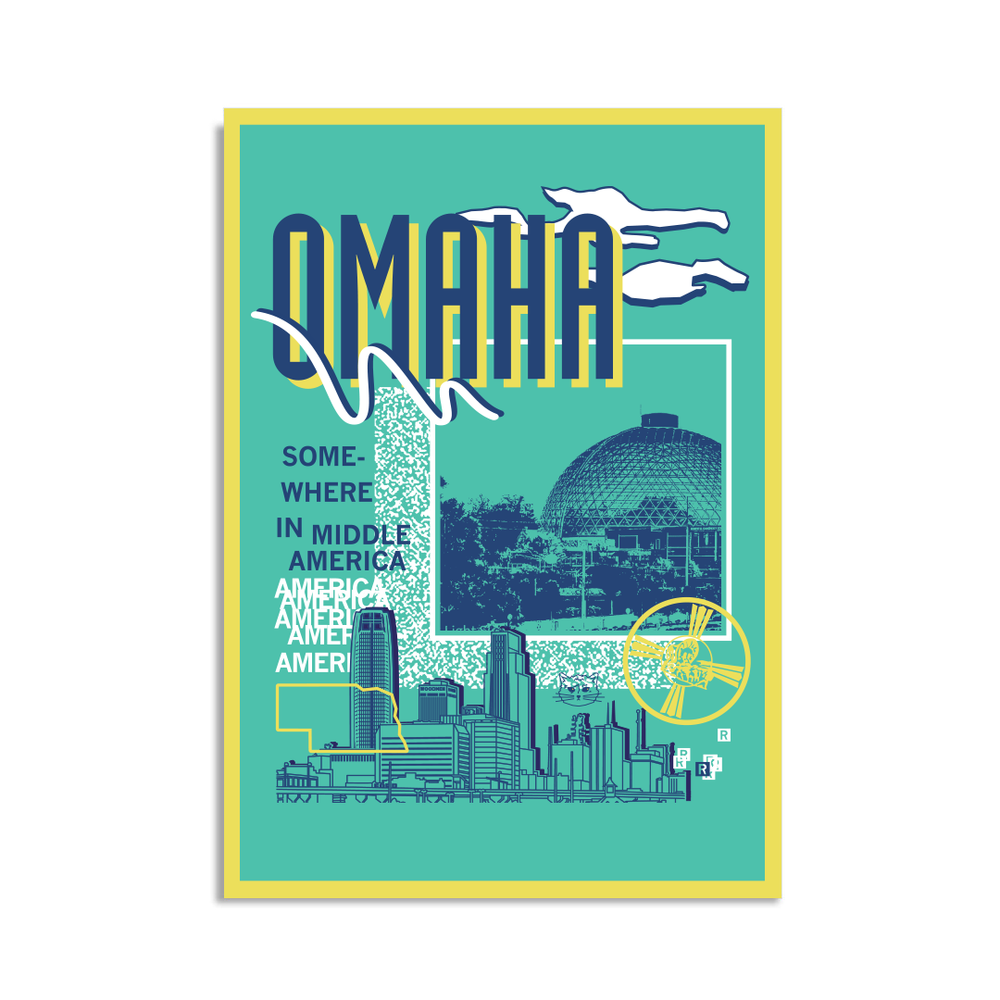 A teal postcard with a yellow border in a retro 90's style with a navy print image of the Omaha Zoo dome to the right and Omaha skyline at the bottom. Navy text  across the tops says, "Omaha" with more text to the left that says, "Somewhere In Middle America." There's also a yellow outline of Nebraska, white clouds, a small navy cat face, and other colorful accents.