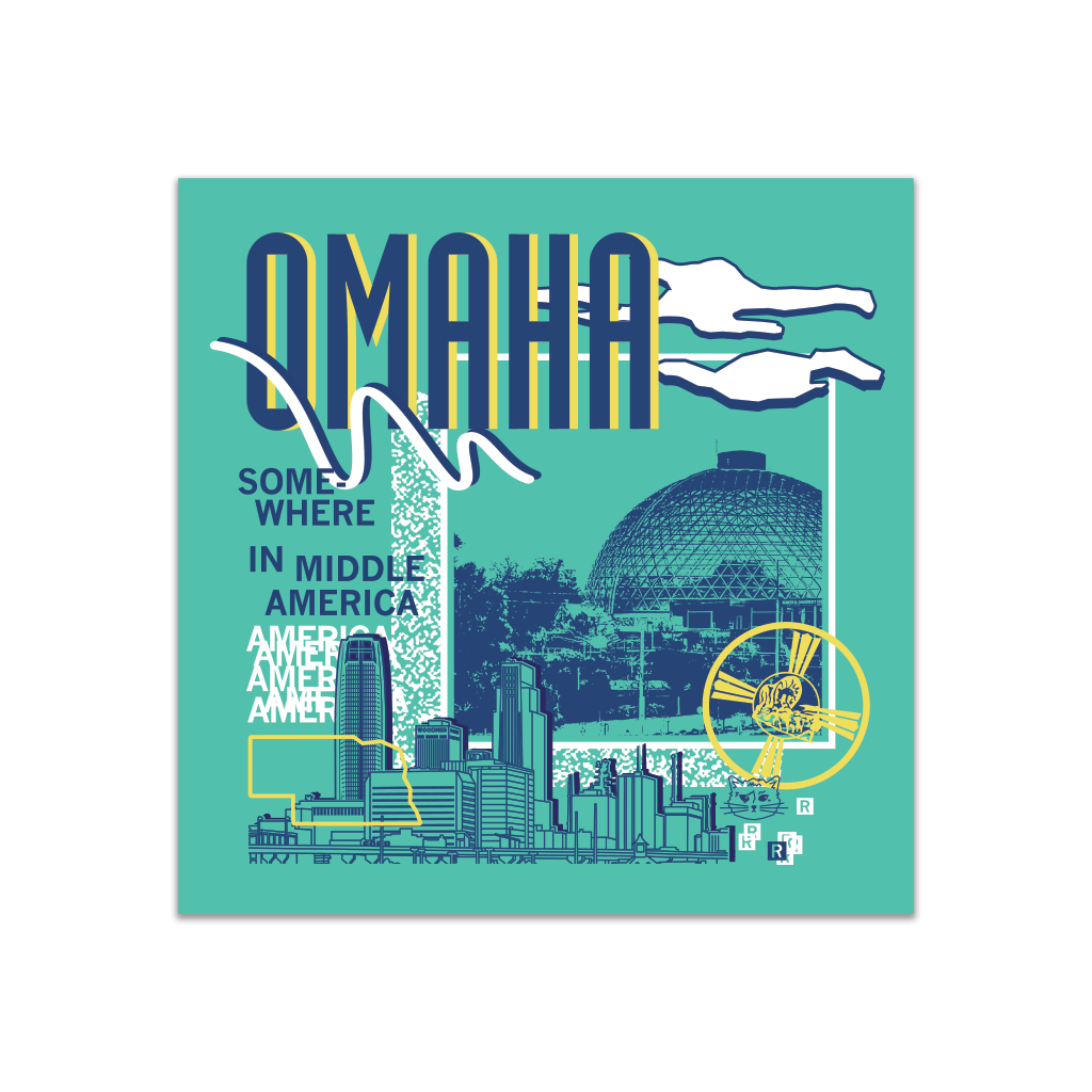 A teal square sticker in a retro 90's style with a navy print image of the Omaha Zoo dome to the right and Omaha skyline at the bottom. Navy text  across the tops says, "Omaha" with more text to the left that says, "Somewhere In Middle America." There's also a yellow outline of Nebraska, white clouds, a small navy cat face, and other colorful accents.