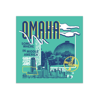 A teal square sticker in a retro 90's style with a navy print image of the Omaha Zoo dome to the right and Omaha skyline at the bottom. Navy text  across the tops says, "Omaha" with more text to the left that says, "Somewhere In Middle America." There's also a yellow outline of Nebraska, white clouds, a small navy cat face, and other colorful accents.