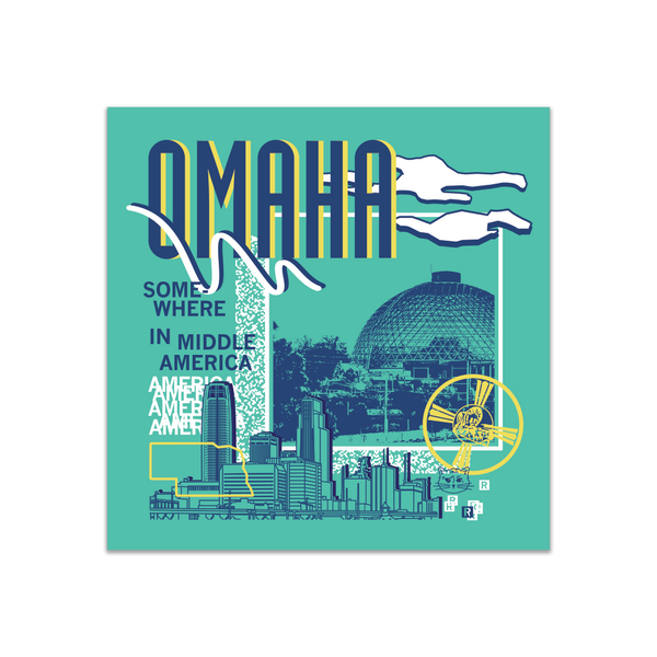 A teal square sticker in a retro 90's style with a navy print image of the Omaha Zoo dome to the right and Omaha skyline at the bottom. Navy text  across the tops says, 