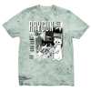 Heavyweight cotton, sage green tie-dye t-shirt featuring a black and white graphic of a cat holding a ray gun, with the text RAYGUN and repeated PEW sound effects.