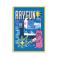 A blue postcard with yellow border in a retro 90's style with a white & blue print image of RAYGUN's Des Moines headquarters. Black & White text in the top right says, "RAYGUN" while smaller white text on the left says, "PEW PEW PEW PEW PEW PEW." Scattered across the magnet is a pink cat holding a white raygun, a pink outline of a opossum, yellow stars, and other accents.