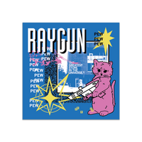 A blue square sticker in a retro 90's style with a white & blue print image of RAYGUN's Des Moines headquarters. Black & White text in the top right says, "RAYGUN" while smaller white text on the left says, "PEW PEW PEW PEW PEW PEW." Scattered across the magnet is a pink cat holding a white raygun, a pink outline of a opossum, yellow stars, and other accents.