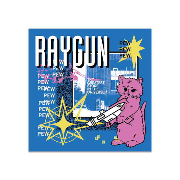 A blue square sticker in a retro 90's style with a white & blue print image of RAYGUN's Des Moines headquarters. Black & White text in the top right says, 