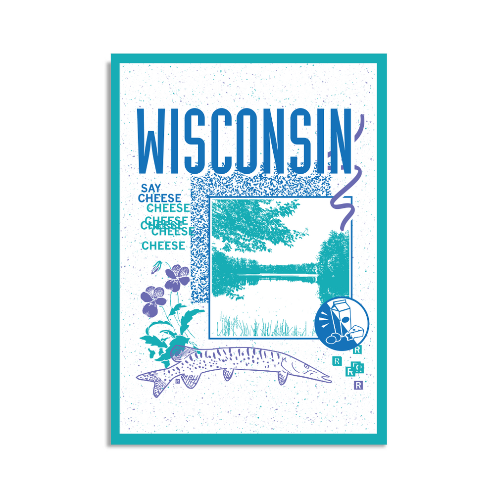 A white postcard with a teal border in a retro 90's style with a teal print image of a lake in Wisconsin. Royal blue text  across the tops says, "Wisconsin" with more text to the left that says, "Say Cheese." There's also a purple musky, blue circle with milk, cheese, and cookies in it, purple squiggles, and other colorful details.
