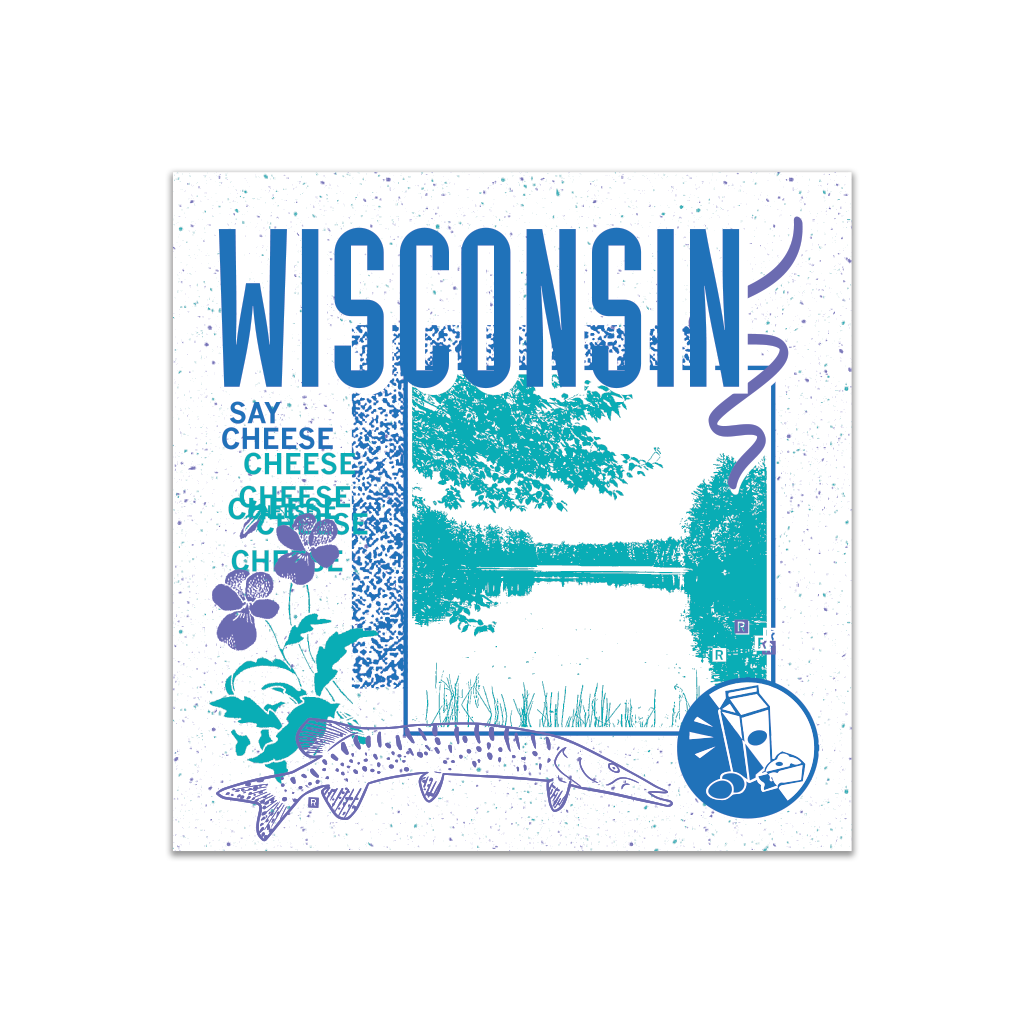 A white square sticker in a retro 90's style with a teal print image of a lake in Wisconsin. Royal blue text  across the tops says, "Wisconsin" with more text to the left that says, "Say Cheese." There's also a purple musky, blue circle with milk, cheese, and cookies in it, purple squiggles, and other colorful details.