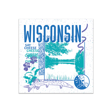 A white square sticker in a retro 90's style with a teal print image of a lake in Wisconsin. Royal blue text  across the tops says, "Wisconsin" with more text to the left that says, "Say Cheese." There's also a purple musky, blue circle with milk, cheese, and cookies in it, purple squiggles, and other colorful details.