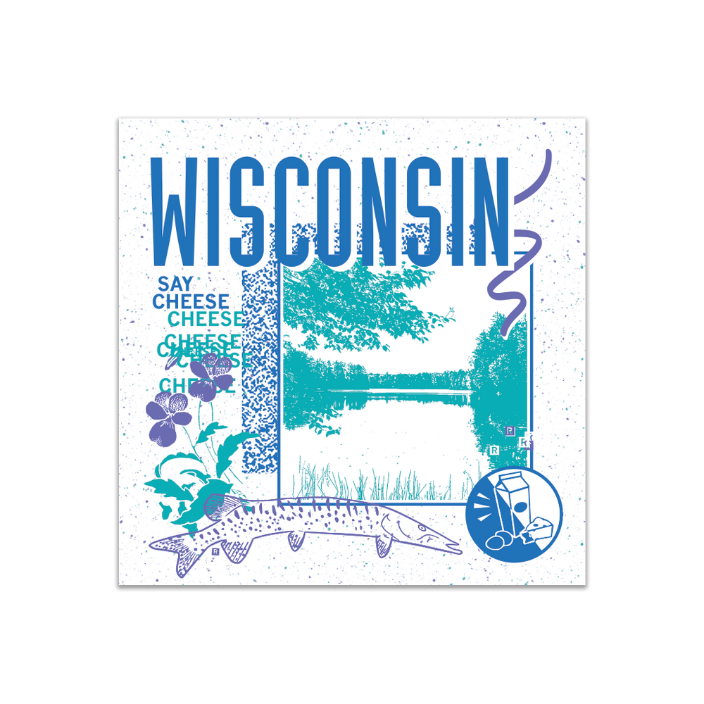 A white square sticker in a retro 90's style with a teal print image of a lake in Wisconsin. Royal blue text  across the tops says, "Wisconsin" with more text to the left that says, "Say Cheese." There's also a purple musky, blue circle with milk, cheese, and cookies in it, purple squiggles, and other colorful details.