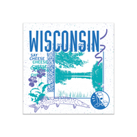 A white square sticker in a retro 90's style with a teal print image of a lake in Wisconsin. Royal blue text  across the tops says, "Wisconsin" with more text to the left that says, "Say Cheese." There's also a purple musky, blue circle with milk, cheese, and cookies in it, purple squiggles, and other colorful details.