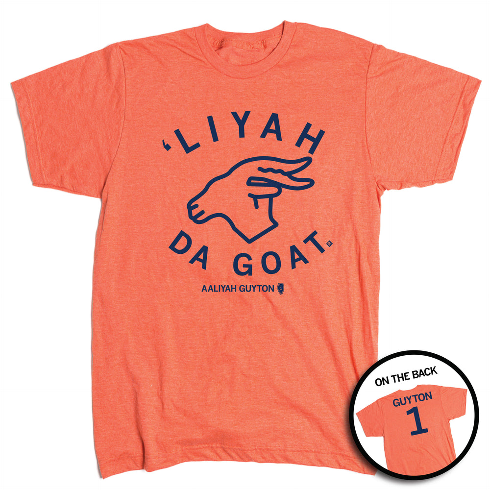A heather orange shirt with navy ink that reads "'liyah da goat. Aaliyah Guyton #1"