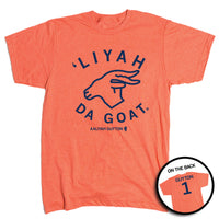 A heather orange shirt with navy ink that reads "'liyah da goat. Aaliyah Guyton #1"