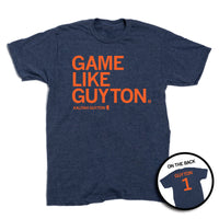A heather navy shirt with orange ink that says, "Game Like Guyton. Aaliyah Guyton #1"