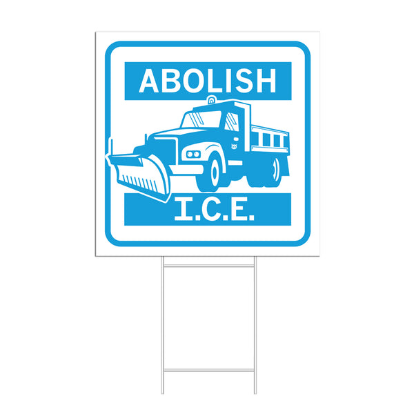 A white yard sign with a blue print of a salt truck with the text 