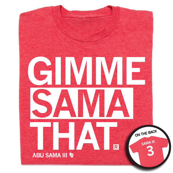 A folded heather red t-whit with left-aligned white text that says, 