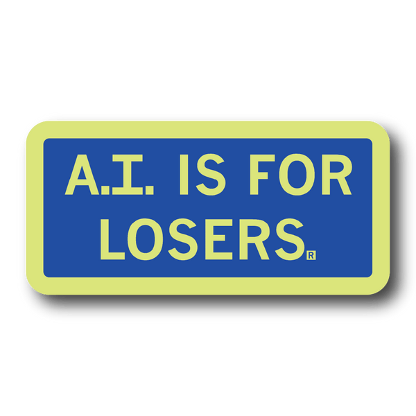 Royal blue rectangle sticker with highlighter yellow border and text that reads 