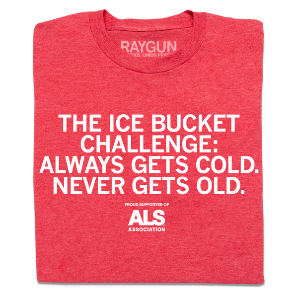 A folded heather red t-shirt with centered white print text that says, 