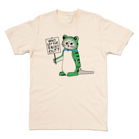 A natural colored t-shirt with RAYGUN's cat mascot, Gary, dressed in a frog costume while holding a sign that says, "Who let the frogs out?"