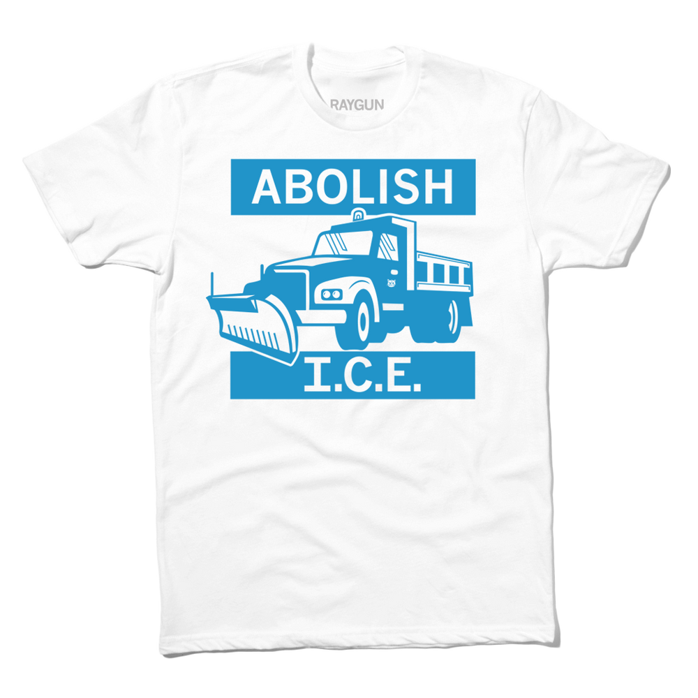 White tee with light blue ink that reads "Abolish I.C.E." with an illustration of a salt truck in the middle.