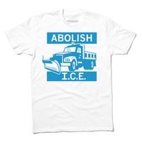 White tee with light blue ink that reads "Abolish I.C.E." with an illustration of a salt truck in the middle.