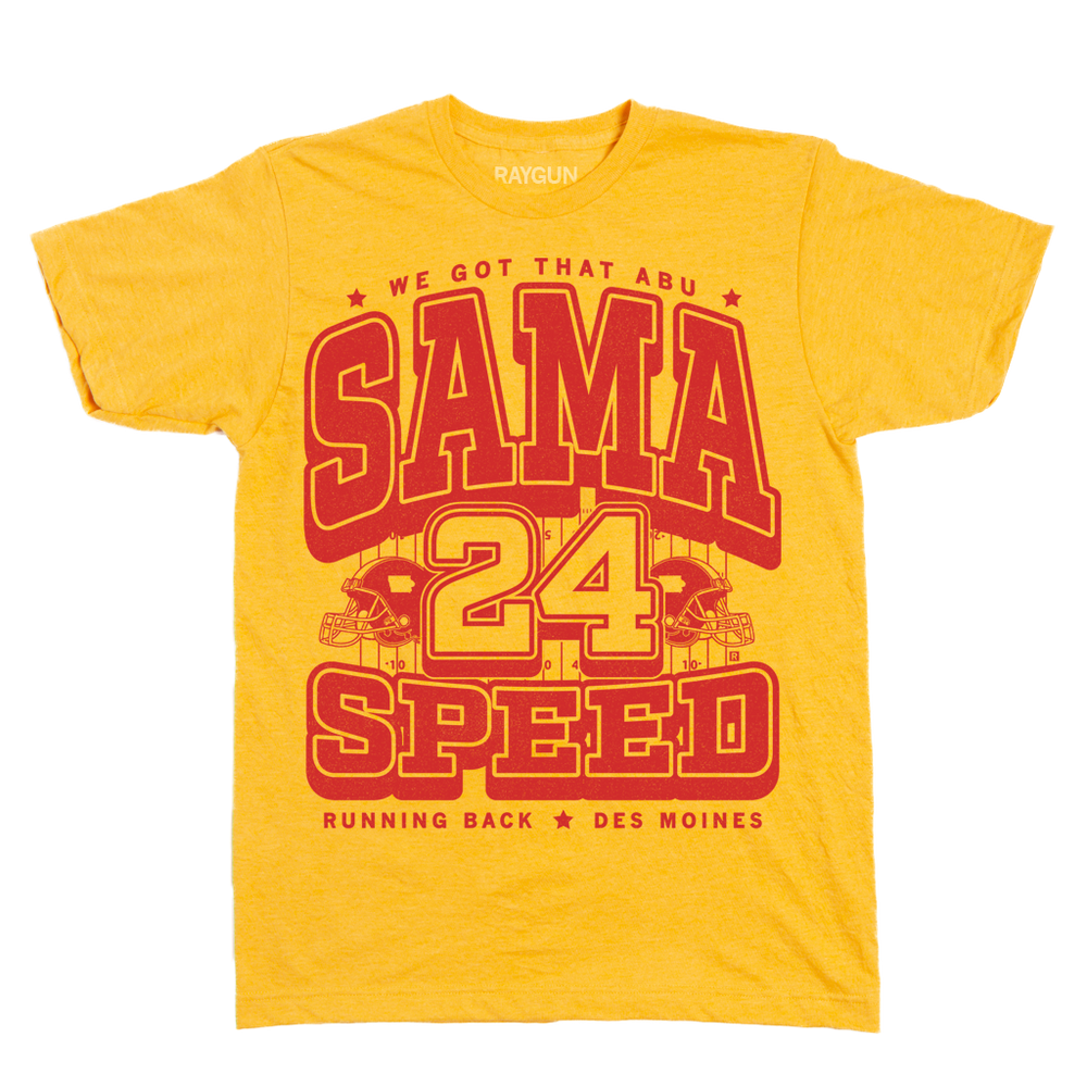 Red ink on a yellow shirt that reads "We got that Abu Sama Speed. Running Back. Des Moines" over an illustration of a football field with the number 24 in the center and a football helmet to either side.