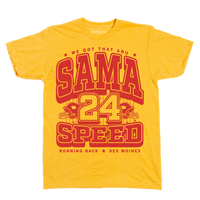 Red ink on a yellow shirt that reads "We got that Abu Sama Speed. Running Back. Des Moines" over an illustration of a football field with the number 24 in the center and a football helmet to either side.