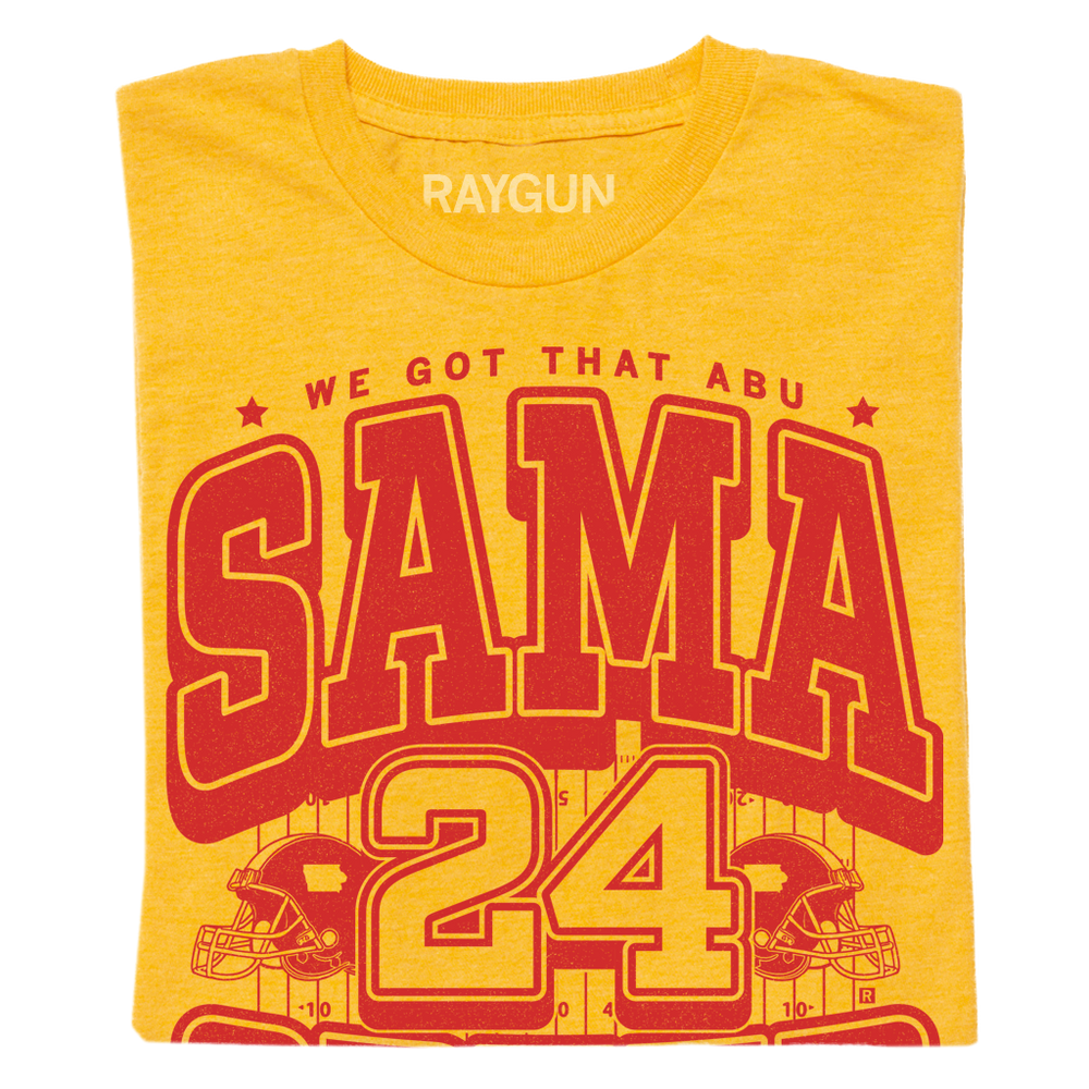 Mellow yellow shirt with bright red ink that reads "We got that Abu Sama Speed. Running Back. Des Moines" over an illustration of a football field with the number 24 in the center and a football helmet to either side.