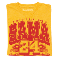 Mellow yellow shirt with bright red ink that reads "We got that Abu Sama Speed. Running Back. Des Moines" over an illustration of a football field with the number 24 in the center and a football helmet to either side.
