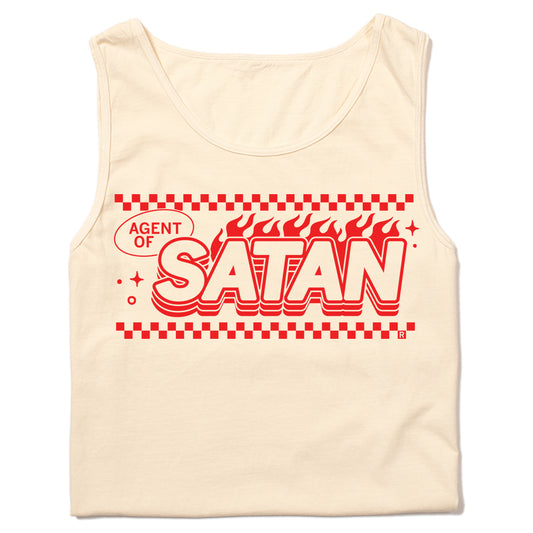 RAYGUN cream-colored tank top featuring a red graphic that reads AGENT OF SATAN in a stacked, flame-adorned font, bordered by red checkerboard patterns.
