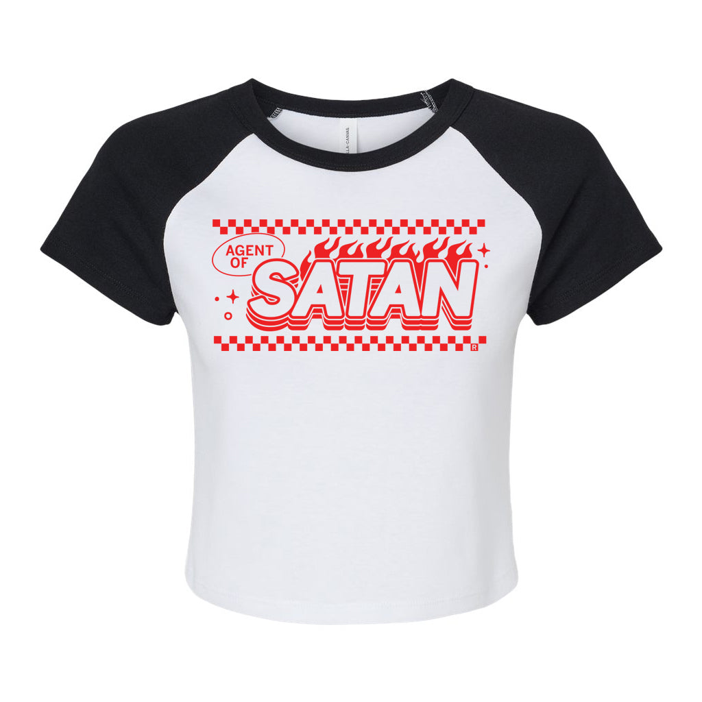 White RAYGUN baby tee with black raglan sleeves, featuring a red AGENT OF SATAN graphic with a checkerboard pattern.