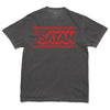 A charcoal gray heavyweight cotton short-sleeved RAYGUN t-shirt with a red graphic on the chest featuring the text AGENT OF SATAN, a checkered border, and flame motifs.