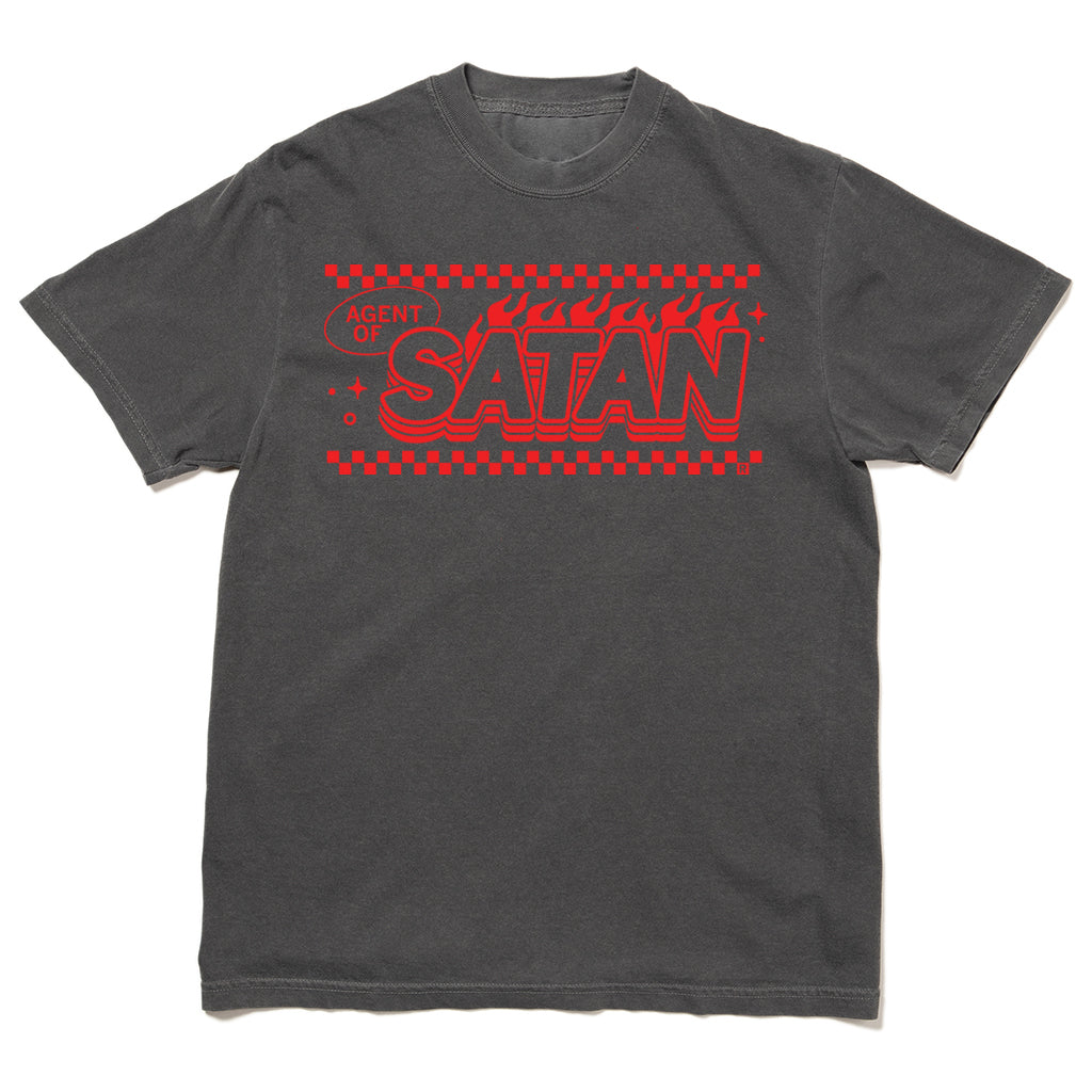 A charcoal gray heavyweight cotton short-sleeved RAYGUN t-shirt with a red graphic on the chest featuring the text AGENT OF SATAN, a checkered border, and flame motifs.
