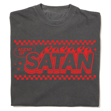 Heavyweight cotton charcoal gray t-shirt with a red RAYGUN graphic that reads AGENT OF SATAN in stylized lettering, surrounded by flames and a checkered border.