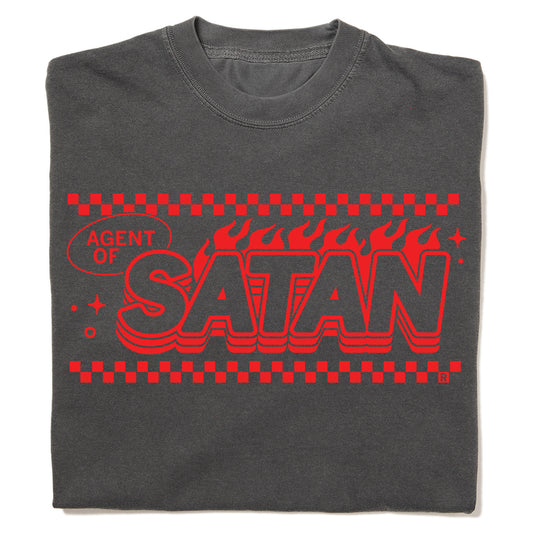 Heavyweight cotton charcoal gray t-shirt with a red RAYGUN graphic that reads AGENT OF SATAN in stylized lettering, surrounded by flames and a checkered border.