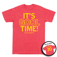 Short sleeve heather red -shirt with centered yellow ink text that says, "IT'S GOOL TIME!" Smaller print below says, "ALEA GOOLSBY" beside a tiny Iowa with the number 30 in it. A small picture in the bottom right shows the back print. The back s laid out like a jersey with "GOOLSBY" printed across the shoulders and a large "30" below.