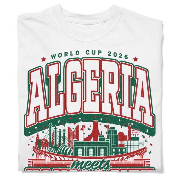 A folded white heavyweight t-shirt with kelly green and red ink. From top to bottom the text reads 