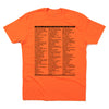An orange union-printed RAYGUN T-shirt featuring a list of places titled A PARTIAL LIST OF PLACES YOU CAN BE SOUTH IN AMERICA: followed by numerous locations.