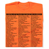 Bright orange RAYGUN t-shirt printed with black text titled A PARTIAL LIST OF PLACES YOU CAN BE SHOT IN AMERICA, followed by a list of locations ranging from schools and grocery stores to parks and religious centers.