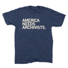 Heathered blue union-made t-shirt with the text AMERICA NEEDS ARCHIVISTS. printed in cream on the chest.
